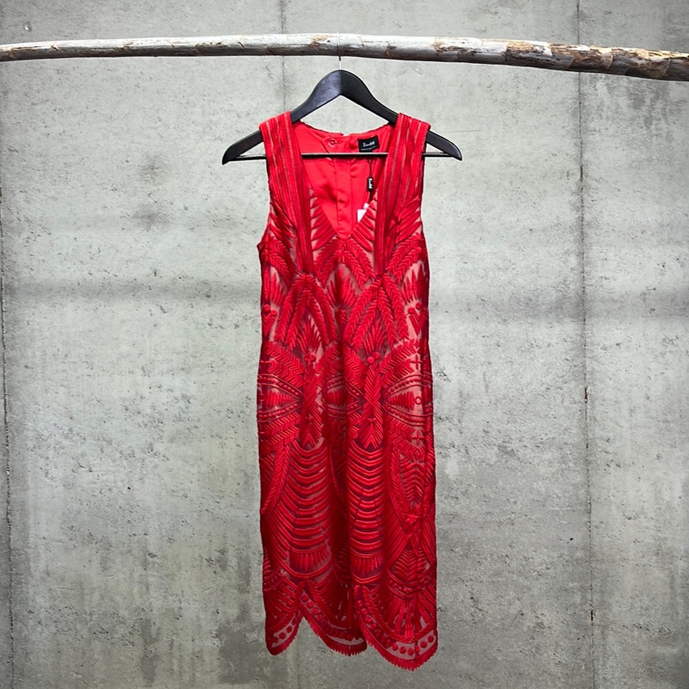 Stunning red lace, fitted dress, Size 6